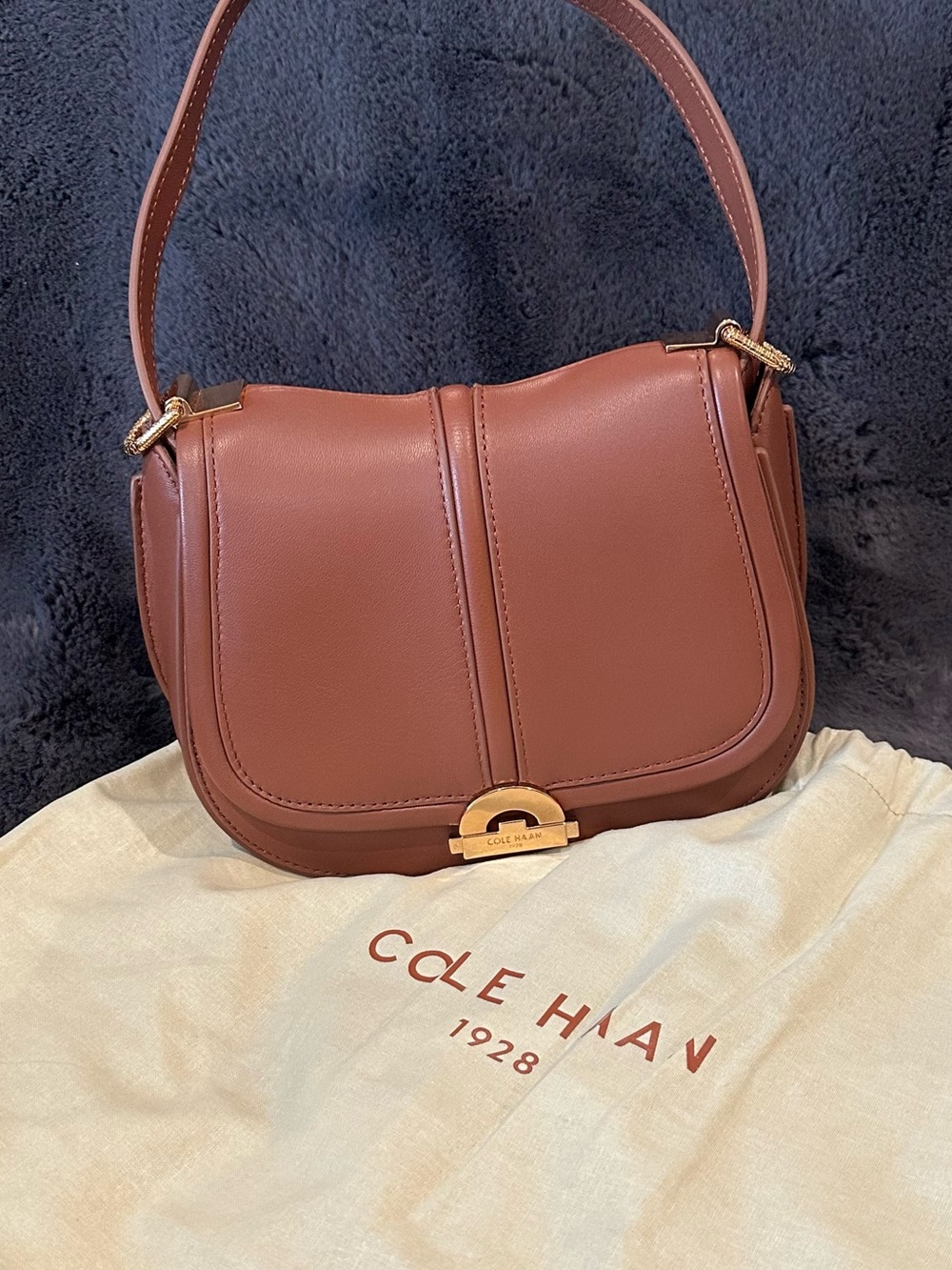 Cole Haan Brown Leather Saddle Shoulder Bag with Gold Hardware
